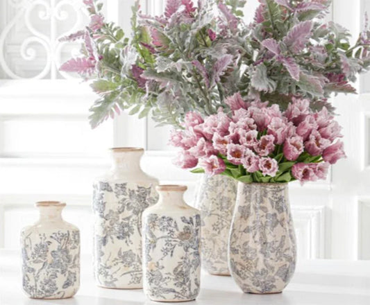 White & Gray Floral Ceramic Vase
