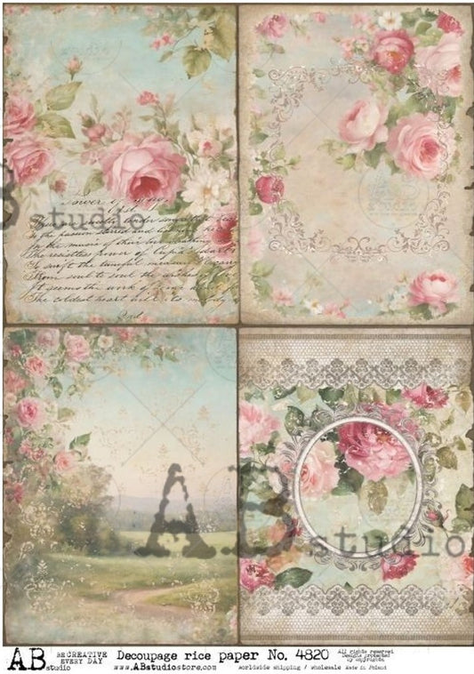 Four Shabby Chic Spring Roses Blocks A4820 - A4 8.3 x 11.7 Rice Paper by AB Studio