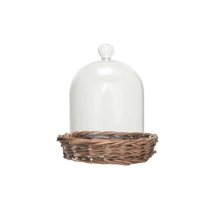 Decorative 5in Glass Cloche w/ Woven Willow Base
