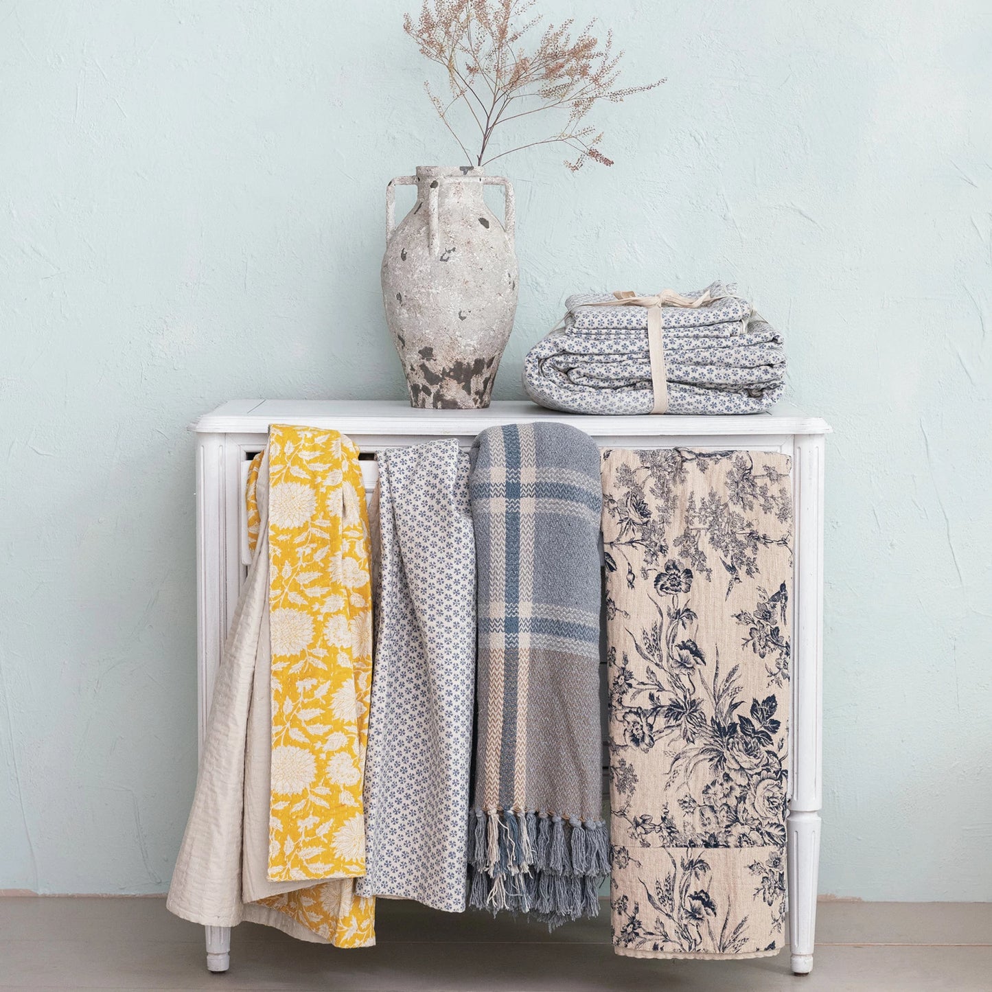 Cotton Chambray Printed 60"L x 50"W Throw w/ Toile Pattern