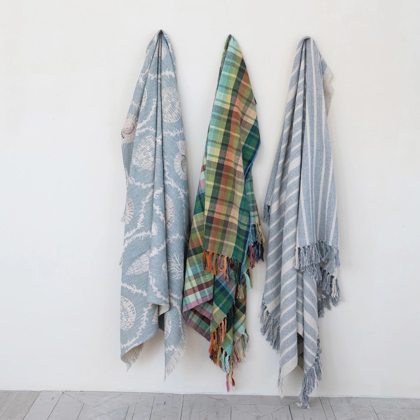 Woven Recycled Cotton Blend 60"L x 50"W Throw with Stripes & Fringe