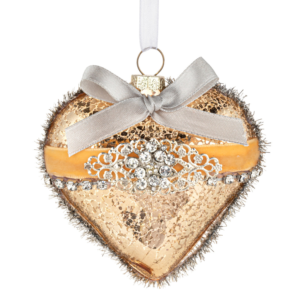 Gold Heart with Ribbon and Tinsel Glass Ornament - 3.5in