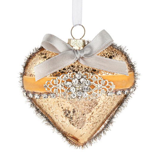 Gold Heart with Ribbon and Tinsel Glass Ornament - 3.5in