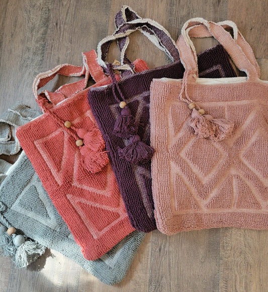 Cotton Chenille Knit Tote Bag w/ Tassels