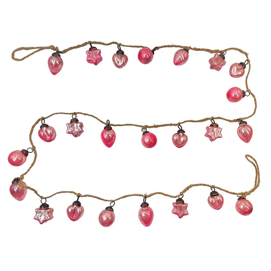 Embossed Recycled Mercury Glass Ball Ornament Garland w/ Jute Cord, Pink