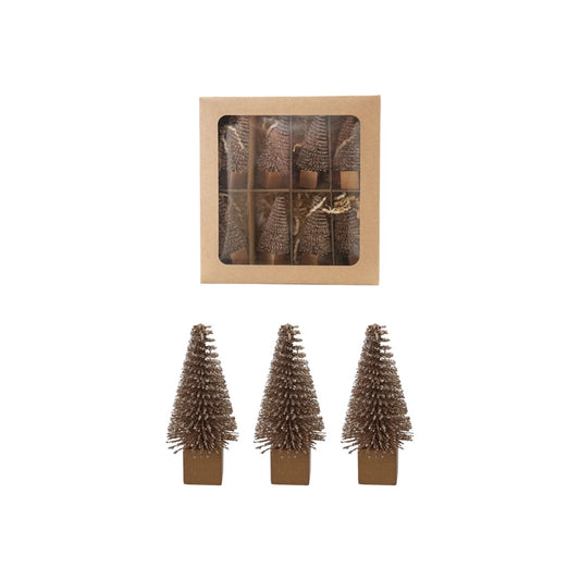 Plastic Bottle Brush Trees with Wood Bases, Boxed Set of 8