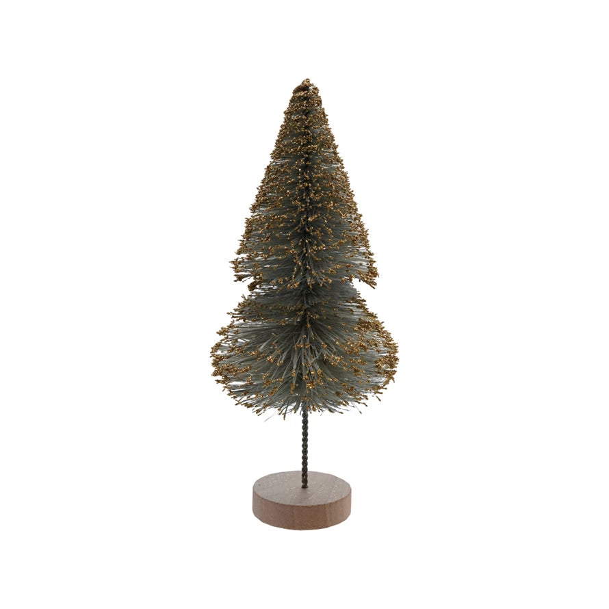 Sisal Bottle Brush Tree with Gold Glitter & Wood Base, Mint Color